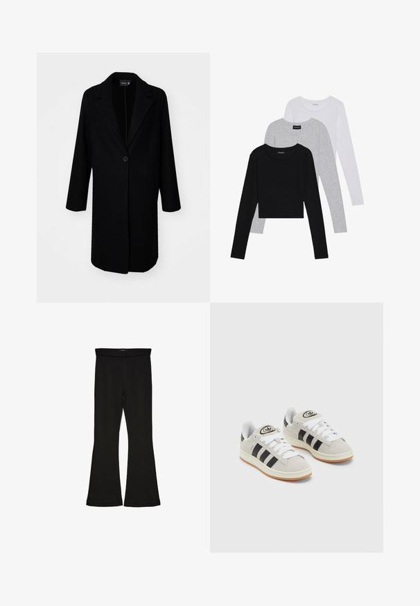 Svart, lång kappa tillverkad av texturerat tyg, med enstaka knappstängning, kiltlappar och tre kvarts ärmar.; Tre långärmade tröjor staplade: svart, grå och vit. Var och en har en rund halsringning och en kort design med mjukt, lätt material.; Svarta flare leggings tillverkade av elastisk tyg. Har en bred midja och en slät yta, med en åtsittande silhuett som flares vid fållen.; Grå mocka sneakers med vita snören, svarta ränder och en vit gummisula. Har en rund logo på tungan och en gummisula.