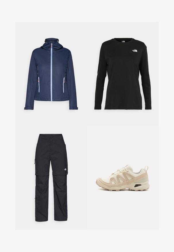 Mørkeblå lett jakke med glidelås i front, hette og to sidelommer med glidelås. Har lyseblå glidelåser og justerbar krage.; Svart langermet T-skjorte laget av bomull med rund hals. Har en liten hvit logo på venstre brystområde. Enkelt design og passform.; Svarte nylon cargo-bukser med glidelås og justerbare mansjetter, flere lommer og en logo på høyre bein. Glatt, lett tekstur.; Beige og krem joggesko med teksturert mesh-overdel, støttende overlegg og gummisåle med et mønster for godt grep.