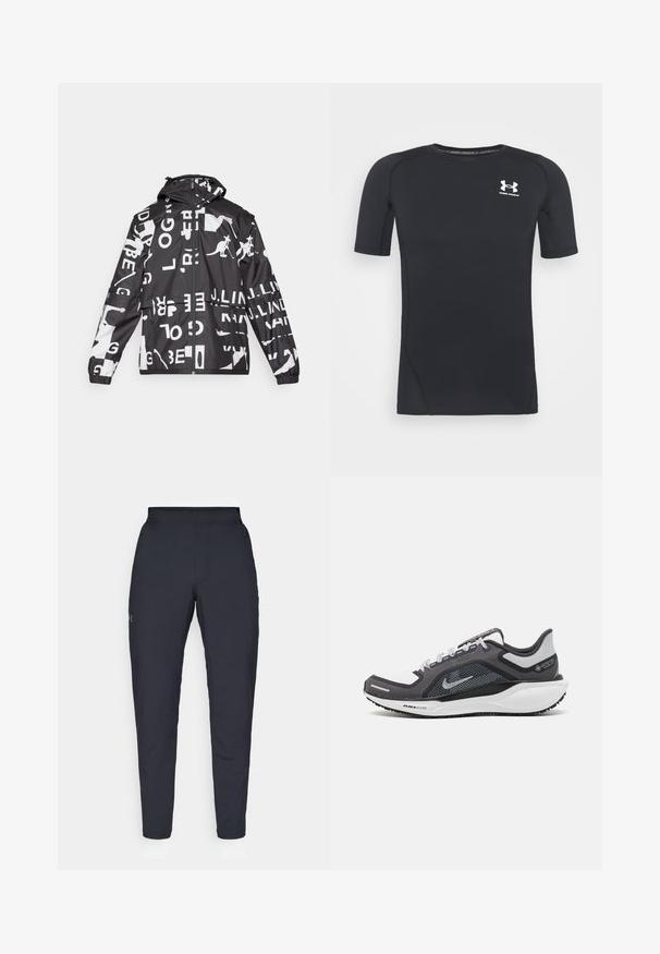 Jaqueta em preto e branco com uma mistura de texto e gráficos de canguru, fecho com zíper, capuz, punhos elásticos e um ajuste descontraído.; Camiseta atlética preta de manga curta, feita de tecido elástico e que absorve a humidade. Apresenta um decote redondo e um pequeno logótipo branco no peito.; Calças de desporto negras com uma textura suave, corte justo, cintura elástica e bolsos laterais. Apresenta um pequeno logótipo na coxa esquerda.; Sapatilha atlética preta e cinza com parte superior em malha, detalhes reflexivos e uma entressola branca. Apresenta uma sola de borracha texturizada e atacadores.