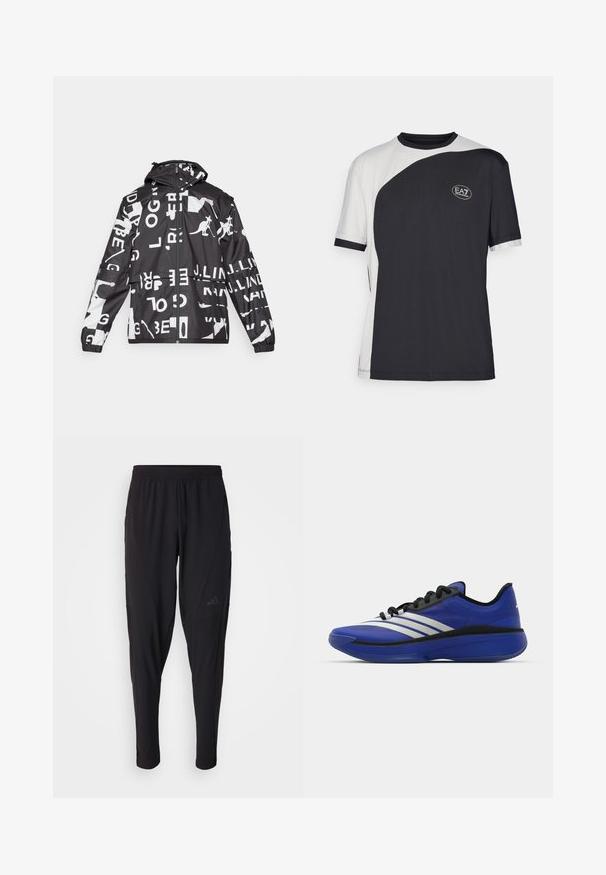 Svart og hvit jakke med en blanding av tekst og kenguru-grafikk, glidelås foran, hette, elastiske mansjetter og avslappet passform.; T-skjorte med korte ermer med to-tone design i svart og hvitt, med en glatt tekstur og EA7-logo på forsiden.; Svarte treningsbukser med elastisk midje, smal design, sidelommer og subtil logo. Laget av fleksibelt, pustende stoff.; adidas Performance ADIZERO SELECT 3.0 - Basketballsko - lucid blue/core black/metallic