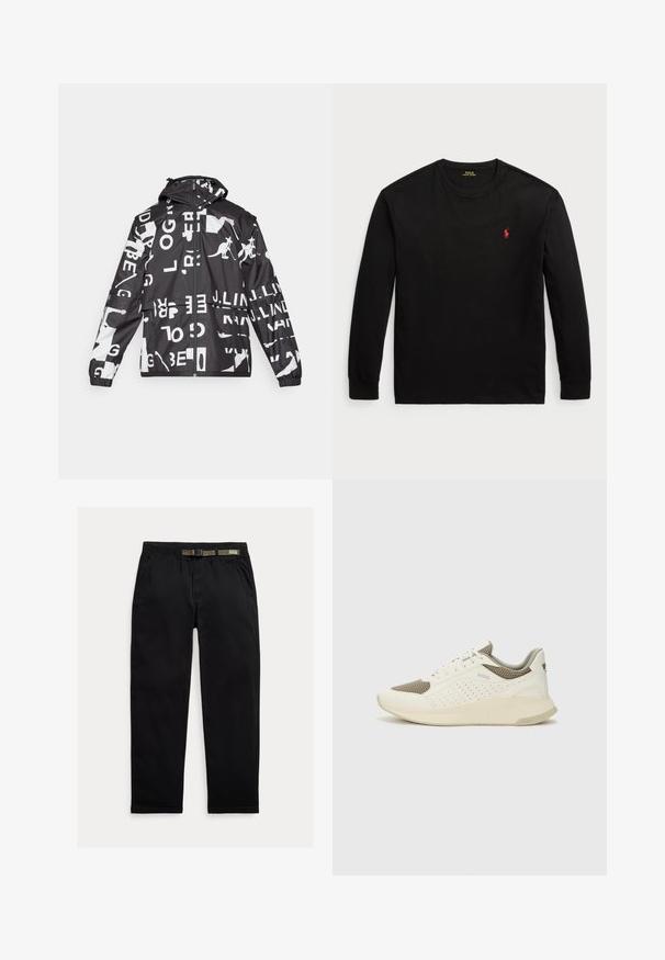 Giacca in bianco e nero con un mix di testo e grafiche di canguri, chiusura con zip, cappuccio, polsini elastici e vestibilità comoda.; T-shirt nero a maniche lunghe in cotone. Presenta un collo tondo, polsini a coste e un piccolo logo rosso ricamato sul petto. Texture liscia.; Pantaloni neri in tessuto leggero, dotati di una cintura elastica integrata di colore verde, taglio dritto e tasche laterali.; Sneaker atletica bianca e beige chiaro, con tomaia in mesh, dettagli perforati e una suola intermedia texturizzata con marchio sul tallone.