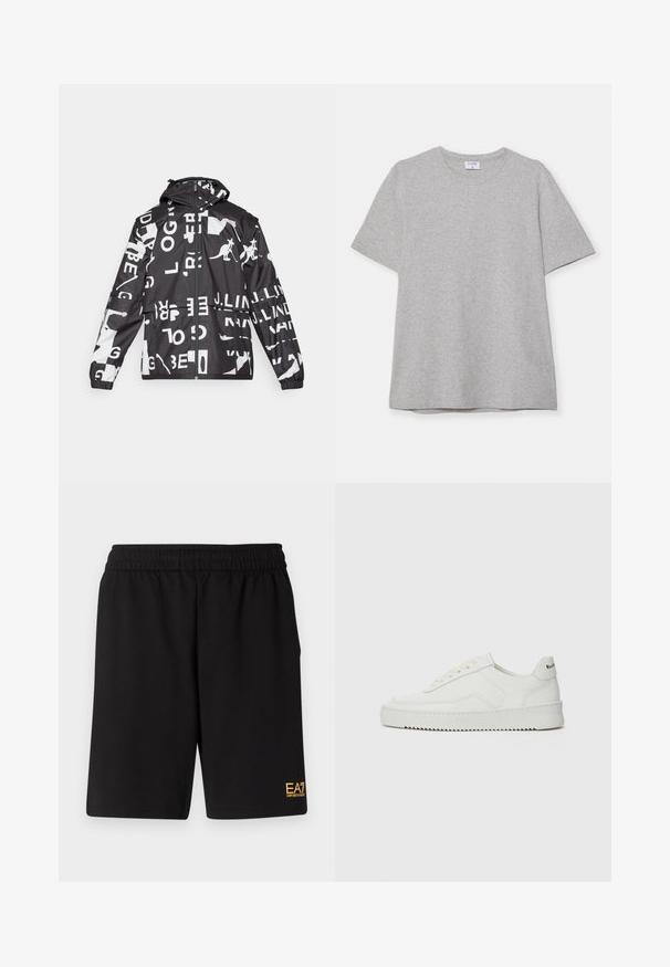 Svart og hvit jakke med en blanding av tekst og kenguru-grafikk, glidelås foran, hette, elastiske mansjetter og avslappet passform.; Grå kortermet T-skjorte laget av myk, teksturert stoff. Har en klassisk rund hals og en rett kant, passende for uformell bruk.; Sorte treningsshorts laget av mykt stoff, med elastisk midje og en liten gul EA7-logo nederst på venstre ben.; Hvite lærersneakers med en jevn overflate, rund tå, flate lisser og en teksturert såle. Har en subtil logo på hælen.