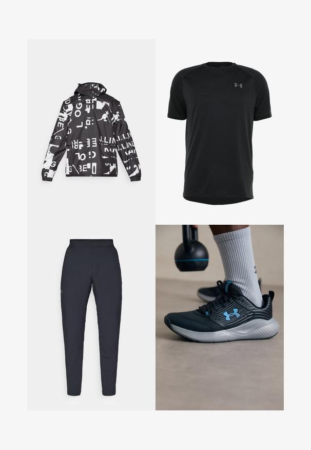 Veste noir et blanc avec un mélange de texte et de graphismes de kangourou, fermeture zippée, capuche, poignets élastiques et coupe décontractée.; T-shirt de sport noir à manches courtes, fabriqué dans un tissu lisse et léger. Il présente un col rond et un logo discret sur la poitrine.; Pantalons de sport noirs avec une texture lisse, coupe slim, taille élastique et poches latérales. Présente un petit logo sur la cuisse gauche.; Chaussure de sport noire avec des accents bleus, tige texturée et semelle grise. Portée avec des chaussettes à côtes grises, à côté d'un kettlebell noir.