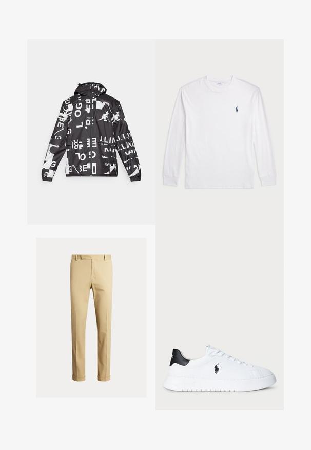 Jaqueta em preto e branco com uma mistura de texto e gráficos de canguru, fecho com zíper, capuz, punhos elásticos e um ajuste descontraído.; Camisola de manga longa branca feita de algodão. Apresenta um decote redondo, punhos canelados e um pequeno logótipo de polo azul-marinho no lado esquerdo do peito.; Chinos caqui feitos de um tecido de algodão suave, com um design ajustado, pregas frontais e punhos no tornozelo para um visual afinado.; Sapatilhas brancas de cano baixo com tabuleiro de calcanhar preto e logótipo da Polo Ralph Lauren em preto na lateral, apresentando atacadores brancos e sola de borracha grossa.