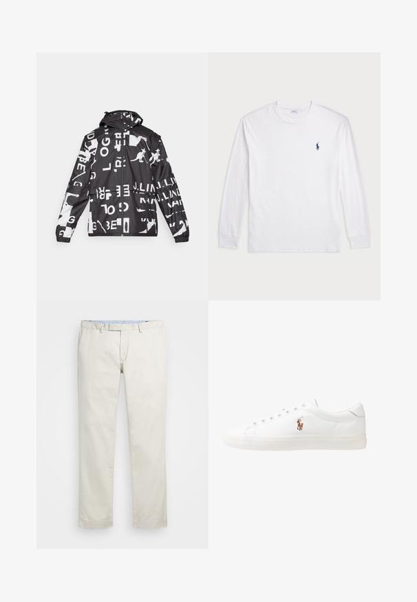 Črno-bela jakna z mešanico besedila in grafik kenguruja, z zadrgo, kapuco, elastičnimi manšetami in sproščenim krojem.; Bela dolga majica s dolgimi rokavi iz bombaža. Ima okroglo ovratnico, rebraste manšete in majhen temno moder polo logo na levem prsnem delu.; Bežna bombažna chinosa z ravnim sprednjim delom, zankami za pas in stranskimi žepi. Dizajn z ravnimi nogavicami z gladko teksturo in lahkotnim, zračnim občutkom.; Bela usnjena teniski čevlji, nizki model, z gladko teksturo, okrogle konice, vezavi spredaj ter majhnim vezenim logotipom na strani.