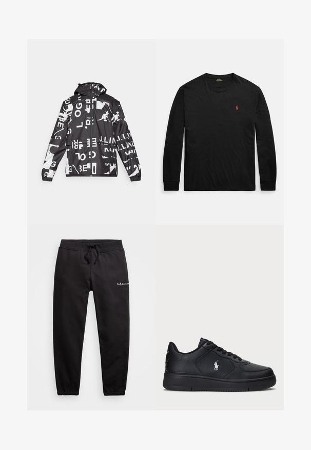 Jachetă alb-negru cu un amestec de text și grafică cu canguri, cu fermoar, glugă, манșete elasticizate și croială lejeră.; Tricou negru cu mâneci lungi din bumbac, având guler rotund, manșete rib pentru un plus de confort și un mic logo brodat roșu pe piept.; Pantaloni de trening negri, din bumbac, cu un brâu elastic și șnur, design cu picioare conice și un mic logo pe față.; Adidași negri din piele cu un design perforat, închidere cu șireturi plate și un logo brodat alb pe lateral. Talpă groasă din cauciuc negru.