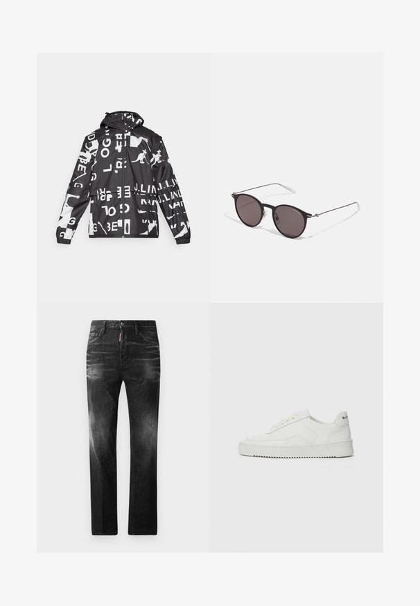 Black and white jacket featuring a mix of text and kangaroo graphics, zip closure, hood, elastic cuffs, and a relaxed fit.; Black cotton T-shirt featuring a round neckline, short sleeves, and "EMPORIO ARMANI" logo in white above "Milano" in a curved design.; Black denim jeans with a straight fit. Features faded areas, minor distressing, classic five-pocket design, and a button closure.; White leather sneaker with a smooth finish, round toe, flat laces, and a textured sole. Features a subtle logo on the heel.; Black round sunglasses with dark lenses and slim metal arms. Includes clear temple tips and silver accents at the hinge. Minimalist design.