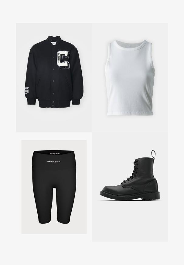 Musta yliopistotakki, joka on valmistettu pehmeästä kankaasta. Takissa on valkoinen brodeerattu merkki, jossa lukee "CRHT" ja suuri kirjain "C". Napit edessä ja sivutaskut.; Valkoinen poimutettu hihaton toppi, jossa on pyöreä kaula-aukko, suora helma ja sileä, joustava materiaali.; Mustat urheilushortsit, jotka on valmistettu joustavasta kankaasta. Niissä on korkea vyötärö ja etuosassa valkoinen logo "PEGADOR".; Musta nahkasaapas taisteluun, jossa on pyöreä kärki, nauhakiinnitys etuosassa ja vetolenkki nilkassa. Varustettu paksulla kumipohjalla kestävyystä varten.
