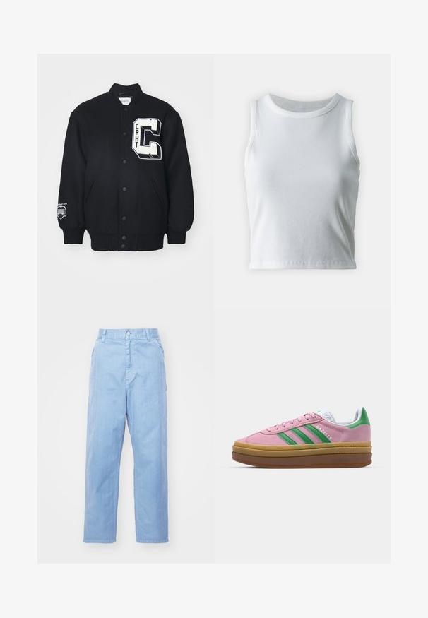 Fekete egyetemi dzseki puha szövetből, fehér hímzett folttal, amelyen a "CRHT" felirat és egy nagy "C" található. Gombos elülső zárás és oldalzsebek.; Fehér bordázott ujjatlan top kerek nyakkivágással, egyenes szegéllyel és sima, rugalmas textúrával.; Világoskék farmernadrág egyenes szárú dizájnnal, gombos záródással és elülső zsebekkel. Az anyag finom textúrájú, sima felületű.; Rózsaszín zamákból készült sportcipő zöld csíkokkal, fehér díszítéssel és barna gumi talppal. Texturált anyaggal és logóval ellátott részletekkel az oldalon.