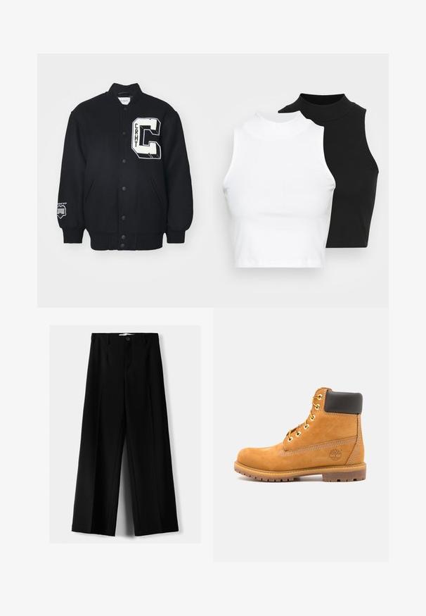 Črna športna jakna iz mehkega blaga, ki vključuje bel vezen znak z napisom "CRHT" in velikim črko "C." Zapiranje na gumbe in stranska žepa.; Dva brezrokavniki z rebrasto turtleneck gorami v črni in beli barvi, z oblikovanim dizajnom in gladko teksturo, v skrajšani dolžini.; Črne široke hlače iz lahkega materiala, z zapiranjem na gumb spredaj in ravnim sprednjim delom, s skrbno zašiti robovi.; Rjavi usnjeni gležnarji s črnim oblazinjenjem, zlatimi očesci in teksturiranim podplatom. Imajo okroglo logo na strani in šivane detajle.