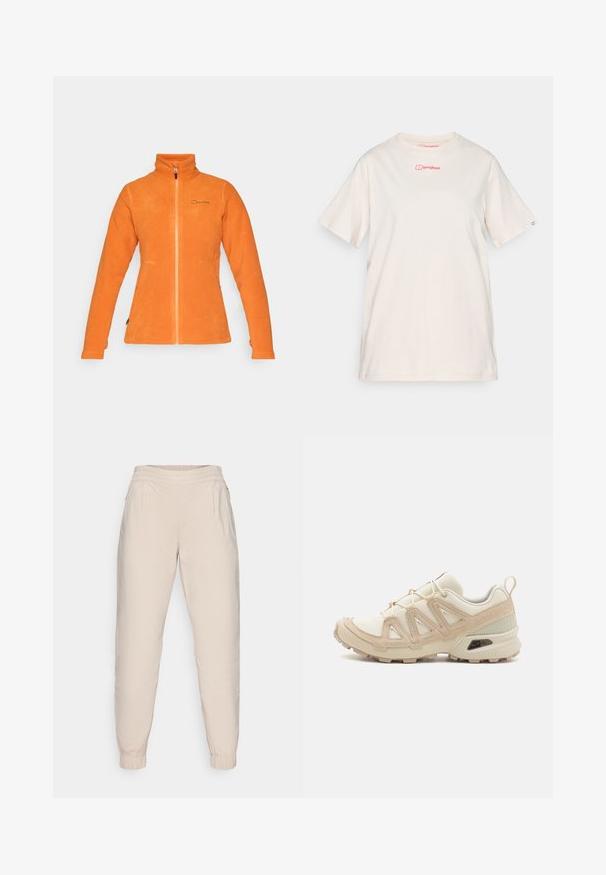 Πορτοκαλί fleece μπουφάν με ψηλό κολάρο και μπροστινό φερμουάρ, διαθέτει δύο πλαϊνές τσέπες και μια διακριτική λογότυπο στο στήθος. Μαλακή υφή.; Κρέμα χρώματος μπλούζα φτιαγμένη από βαμβάκι, με κοντά μανίκια, στρογγυλή λαιμόκοψη και ένα μικρό κόκκινο λογότυπο μπροστά και στο αριστερό μανίκι.; Μπεζ jogger παντελόνι με ελαστική μέση, δύο πλαϊνές τσέπες και ελαστικές μανσέτες στους αστραγάλους; απαλό, ελαφρύ υλικό.; Μπεζ και κρεμ αθλητικό παπούτσι με υφασμάτινη άνω επιφάνεια με υφή, υποστηρικτικά overlay και καουτσούκ σόλα με σχέδιο πέλματος για πρόσφυση.