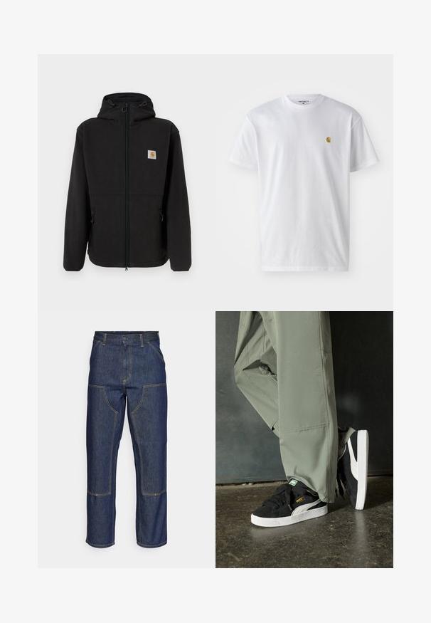 Musta fleece-takki, jossa on vetoketjukiinnitys, säädettävä huppu, sivutaskut ja pieni logopatch vasemmassa rinnassa. Pehmeä tekstuuri.; Valkoinen puuvillapaita lyhyillä hihoilla, pyöreä kaula-aukko, jossa on pieni kultainen logo vasemmassa rintapielessä. Pehmeä kangas ja normaali istuvuus.; Tummansiniset farkut, joissa on korkea vyötärö, suora lahje, eriväriset ompeleet ja etupuolella pakki-taskut.; Mustat mokkakengät, joissa on valkoiset kumipohjat ja sivuraitoja, yhdistettynä vaaleanvihreisiin cargo-housuihin, seisoen tummalla teksturoidulla pinnalla.