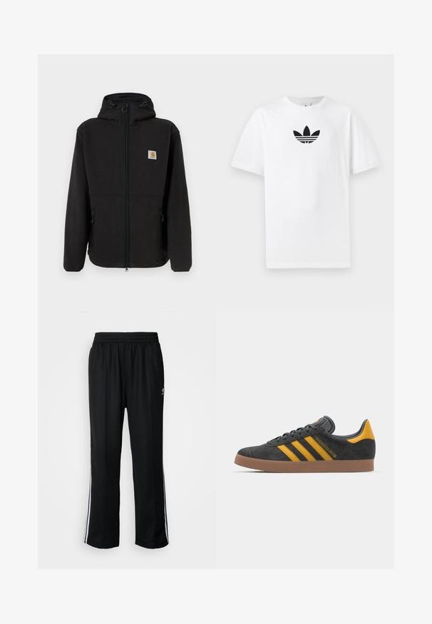 Czarna polarowa kurtka z zamkiem z przodu, regulowanym kapturem, bocznymi kieszeniami oraz małą naszywką z logo na lewej piersi. Miękka faktura.; Biała bawełniana koszulka z krótkim rękawem, z czarnym logo Adidas na środku. Klasyczny fason z okrągłym dekoltem. Gładka tekstura.; Czarne sportowe spodnie z elastycznym paskiem w talii, z białymi paskami po bokach i małym logo. Materiał wydaje się miękki i lekki.; Czarne zamszowe sneakersy z żółtymi akcentami, z trzema paskami i brązową gumową podeszwą. Posiadają wyściełany język dla większego komfortu.