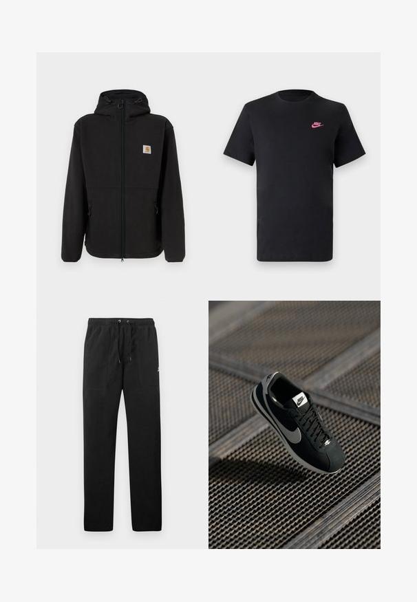 Sort fleecejakke med lynlås, justerbar hætte, sidelommer og et lille logo-patch på venstre bryst. Blød tekstur.; Sort bomulds T-shirt med rund halsudskæring og korte ærmer. Har et pink Nike-logo på øverste venstre side. Glat tekstur.; Sorte sweatpants lavet af fleece, med en elastisk talje med snore, to frontlommer og et lille logo på låret.; Sort Nike sneaker med grå accenter, materialer af ruskind og mesh, struktureret sål, smal form og klassisk snørebåndsdesign.