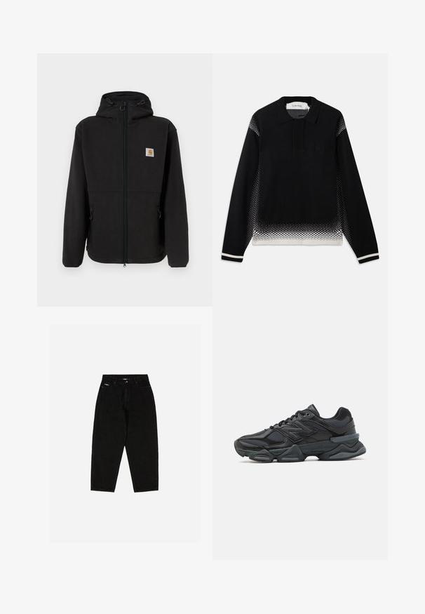 Fekete bolyhos dzseki, elöl cipzárral, állítható kapucnival, oldalsó zsebekkel és egy kis logóval a bal mellen. Puha tapintású.; Fekete, hosszú ujjú pólópulóver fehér pöttyös átmenettel az oldalakon, az alsó szegélyen és az ujjak mandzsettáján, apró mellkasi logóval.; Fekete farmernadrág magas derekú, egyenes szárú kivitelben, finom logóval az elülső zseben. Klasszikus ötvözött zsebekkel rendelkezik.; Fekete futócipő, mely háló és szintetikus anyagok keverékéből készült, vastag talppal, ívelt kialakítással és hangsúlyos logóval az oldalon.