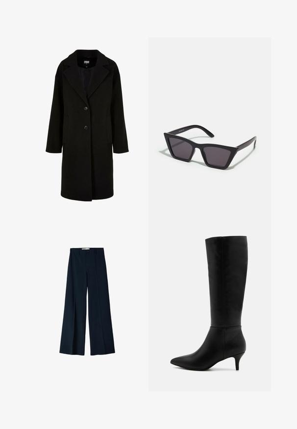 Čierny vlnený kabát s výrezovým golierom, dlhými rukávmi, dvoma prednými vreckami a zapínaním na gombíky. Jednoduchý dizajn s hladkou textúrou.; Šedý rolák vyrobený z mäkkého, textúrovaného materiálu s voľným strihom. Má rebrovaný golier, manžety a spodný lem. Jednoduchý dizajn.; Námornícke široké nohavice vyrobené z hladkej tkaniny, s dvoma prednými záhybmi a jedným gombíkom na uzatvorenie v páse.; Anna Field Čižmy - black; Čierne, ostré slnečné okuliare so sivými sklami; vyrobené z plastu, majú hrubé ramená s hladkým povrchom a bez viditeľnej mechaniky.