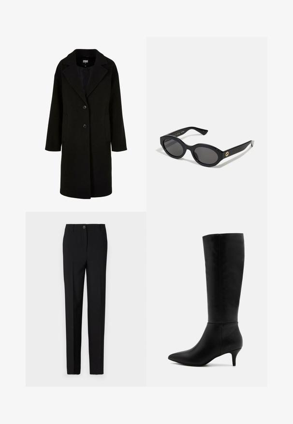 Abrigo de lana negra con solapas de muesca, botones frontales y bolsillos laterales. Presenta un corte largo y relajado, y una textura suave.; Suéter de cuello alto gris, hecho de un material suave y texturizado con un ajuste relajado. Presenta un cuello, puños y dobladillo acanalados. Diseño simple.; Pantalones negros ajustados con un diseño de pierna recta, con cierre de botón y trabillas para cinturón, fabricados con tela suave.; Anna Field Botas - black; Gafas de sol negras en forma ovalada con lentes oscuros y montura de plástico brillante. Presenta un logo dorado en la patilla, ofreciendo un diseño elegante y moderno.