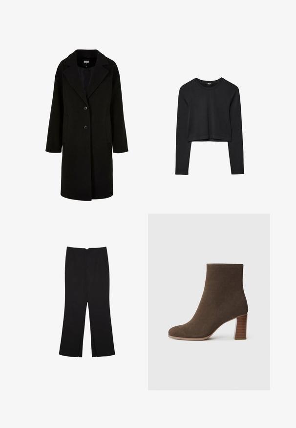 Cappotto in lana nero con colletto a risvolto, maniche lunghe, due tasche frontali e chiusura con bottoni. Design semplice con una texture liscia.; Top cropped nero a maniche lunghe con scollatura tonda, design semplice e orlo leggermente curvo.; Pantaloni neri a gamba dritta, con tasche frontali e spacchi laterali all'orlo. Realizzati in tessuto morbido e liscio. Adatti a diverse occasioni.; Stivale alla caviglia in suede marrone con punta rotonda e tacco impilato e testurizzato. Esterno liscio senza chiusure visibili o decorazioni.