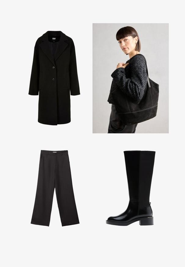 Črn volnen plašč z zareznimi ovratniki, sprednjimi gumbi in stranskimi žepi. Ima dolg, sproščen kroj in gladko teksturo.; Črna dolgi rokavi prerezana majica s krožnim izrezom, enostaven dizajn in rahlo ukrivljen rob.; Črne široke hlače iz gladkega materiala, z sprednjim zadrgo in dvema stranskima žepoma, s prilagojenim krojem in minimalističnim dizajnom.; Črni škornji do kolen z gladkim usnjenim zaključkom, izrazitim šivanjem, robustnim petnim delom in teksturirano zadnjo ploščo za dodatno zanimivost.; Črna semiš torbica z gladko teksturo, strukturirano obliko in kontrastnim šivanjem. Ima dolge naramnice za nošenje na rami.