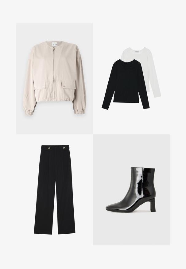 Veste courte beige clair en tissu lisse. Elle dispose d'une fermeture éclair devant, de deux poches sur la poitrine, de poignets élastiques et d'un col rond.; Deux tops à manches longues, un noir et un blanc, tous deux avec un décolleté carré et fabriqués en tissu doux et extensible.; Pantalons larges noirs à taille haute, avec des détails de boutons à la taille et des plis sur le devant.; Bottines en cuir verni noir avec un bout pointu et un talon block de hauteur moyenne. Texture lisse et design minimaliste.