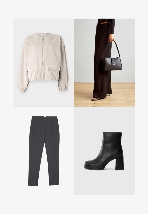 Chaqueta cropped color beige claro hecha de una tela suave. Presenta un cierre frontal, dos bolsillos en el pecho, puños elásticos y un cuello redondo.; Top negro de manga larga con puños acampanados, textura suave y un ajuste relajado, con un sencillo cuello redondo.; Pantalones gris oscuro ajustados con bolsillos laterales y pliegues frontales, diseñados para un ajuste a medida.; Botín de cuero negro con tacón cuadrado y suela de plataforma, visto de lado sobre un fondo blanco liso.; Bolso negro con forma estructurada, textura suave y un cierre metálico. Combinado con pantalones anchos negros y sandalias de dedo en un suelo de madera.