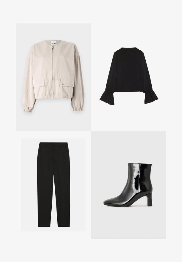 Šviesiai smėlinis trumpas švarkas, pagamintas iš lygaus audinio. Turi priekinį užtrauktuką, dvi krūtinės kišenes, elastingas rankoves ir apvalų kaklą.; Juoda ilgomis rankovėmis palaidinė su išsiplėtusiais rankogaliais, minkšta tekstūra ir laisva forma, su paprastu apvaliu kaklu.; Juodos kelnes su pritaikytu dizainu, turinčios šonines kišenes ir tiesią koją. Pagamintos iš lygaus, lengvo audinio su blizgiu paviršiumi.; Juodos lakuotos odinės aulinukės su smailiu pirštu ir vidutinio aukščio blokuotu kulnu. Lygus paviršius ir minimalistinis dizainas.