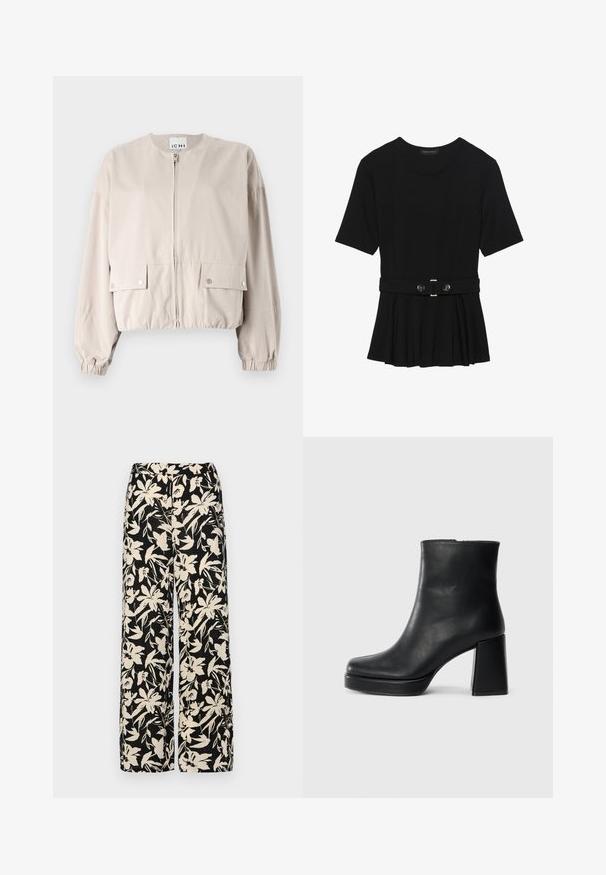 Lys beige cropped jakke lavet af et glat stof. Har en lynlås foran, to brystlommer, elastiske manchetter og en rund hals.; Sort kortærmet top lavet af glat materiale, med en peplum-design og en bælte i taljen med to runde, sølvfarvede knapper.; Sorte vide bukser med et mønster af cremefarvede blomster. Lavet af letvægtsstof, som har en glat tekstur og en høj talje.; Sort læder ankelstøvle med blokhæl og platformssål, set fra siden på en ensfarvet hvid baggrund.