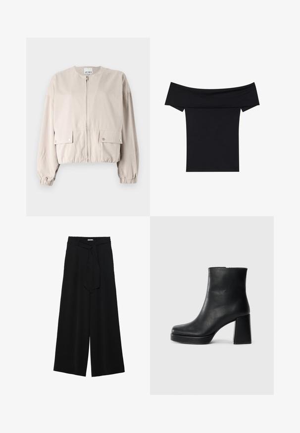 Világos bézs, rövidített kabát sima anyagból. Elülső cipzárral, két mellzsebbel, rugalmas mandzsettával és kerek nyakkal rendelkezik.; Fekete, vállnál szabott felső, puha, rugalmas anyagból készült. Rövid ujjakkal és fitted sziluettel rendelkezik. Egyszerű, varrás nélküli kialakítás.; Fekete, bő szárú nadrág, texturált anyagból, rugalmas derékpánttal és levehető sállal a derekán, amely állítható illeszkedést biztosít.; Fekete bőr bokacsizma tömbsarkal és platform talppal, oldalról nézve, sima fehér háttéren.