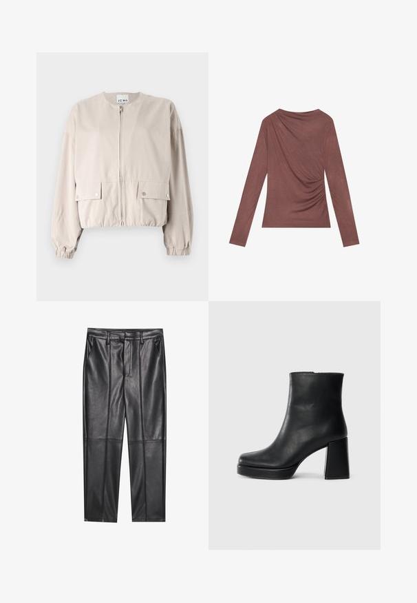 Světlé béžové zkrácené sako vyrobené z hladké látky. Má přední zip, dvě náprsní kapsy, elastické manžety a kulatý límec.; Halenka s dlouhým rukávem v tlumené mákové barvě, s drapérií na zadní straně a jemně nařasenými boky. Vyrobena z měkké, lehké látky.; Černé kožené kalhoty s hladkou texturou, se střihovým provedením rovného střihu, dvěma předními kapsami a viditelnými švy.; Černý kožený kotníkový bot s blokovým podpatkem a platformou, viděný z boku na jednoduchém bílém pozadí.