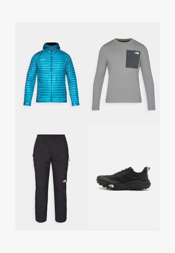 Plava izolirana jakna s kapuljačom, s horizontalnim kviltanim uzorkom, zatvaranjem na zip i logom na lijevoj strani prsnog koša. Glatka tekstura vanjštine.; Siva košulja dugih rukava od teksturiranog materijala, s tamnosivom džepom na prsima i zatvaranjem na patentni zatvarač. Na džepu je logo u bijeloj boji.; The North Face WINTER EXPLORATION TAPERED CARGO - Hlače za otvoreno - black; Crne trail trkačke cipele s teksturiranim gornjim dijelom, gumeni potplat i ojačana zaštita za prste. Imaju podstavljen ovratnik i trakicu za lakše obuvanje.