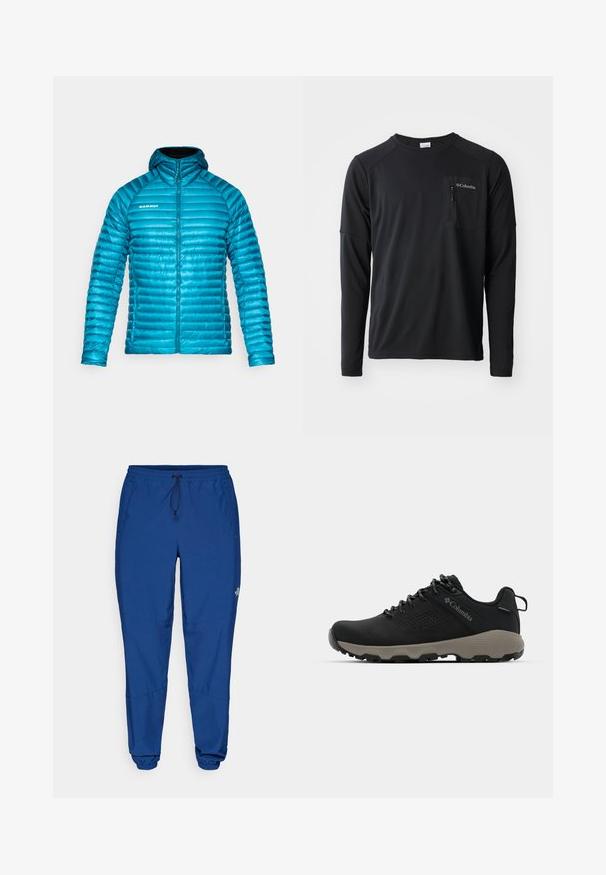 Modrá zateplená bunda s kapucí, s horizontálním prošíváním, zipovým zapínáním a logem na levé části hrudi. Hladký povrch.; Columbia COLUMBIA TECH™ LONG SLEEVE CREW - Top s dlouhým rukávem - black; Modré lehké joggingové kalhoty s elastickým páskem, šňůrkou na stažení a elastickými manžetami. Obsahují boční kapsy a logo blízko dolní části nohavice.; Černá turistická bota s hladkým svrškem, perforovaným designem, šedou podrážkou a zesíleným patou. Obsahuje tkaničky a poutko pro snadné obutí.