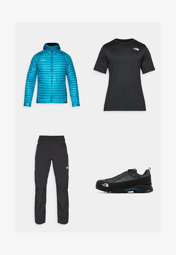 Modrá izolačná bunda s kapucňou, s horizontálnym prešívaním, zipsovým uzáverom a logom na ľavej hrudi. Hladký vonkajší povrch.; Čierne tričko s krátkym rukávom vyrobené z ľahkej, vlhkosť odvádzajúcej tkaniny. Má biele logo na ľavej strane hrudníka a okrúhly výstrih.; Čierne vonkajšie nohavice so zipsovým predným vreckom, vyrobené z syntetického materiálu, zúžené nohy a vy reforcované panely kolien. Obsahujú zapínanie na gombík.; The North Face VERTO ALPINE GORE TEX - Turistické topánky - asphalt grey/tnf black