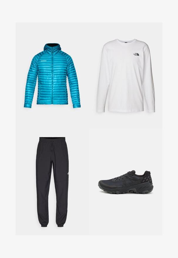 Sininen eristetty takki huppuineen, jossa on vaakasuora tikkauskuvio, vetoketjusulku ja logo vasemmalla rinnassa. Sileä ulkopinta.; Valkoinen pitkähihaisen T-paita, joka on valmistettu puuvillasta ja jossa on pyöreä kaula-aukko. Rintamuksessa on pieni musta logo. Sileä kangas, normaali malli.; Mustat urheiluhousut, jotka on valmistettu kevyestä kankaasta. Housuissa on naru vyötäröllä, sivutaskut ja kapenevat hihnat nilkoissa.; Musta juoksujalkineet maastoon, joissa on teksturoitu verkkopäällinen ja kumipohja; ominaisuuksia ovat kengännauhat, pehmustettu nilkkasauma ja logomerkinnät.