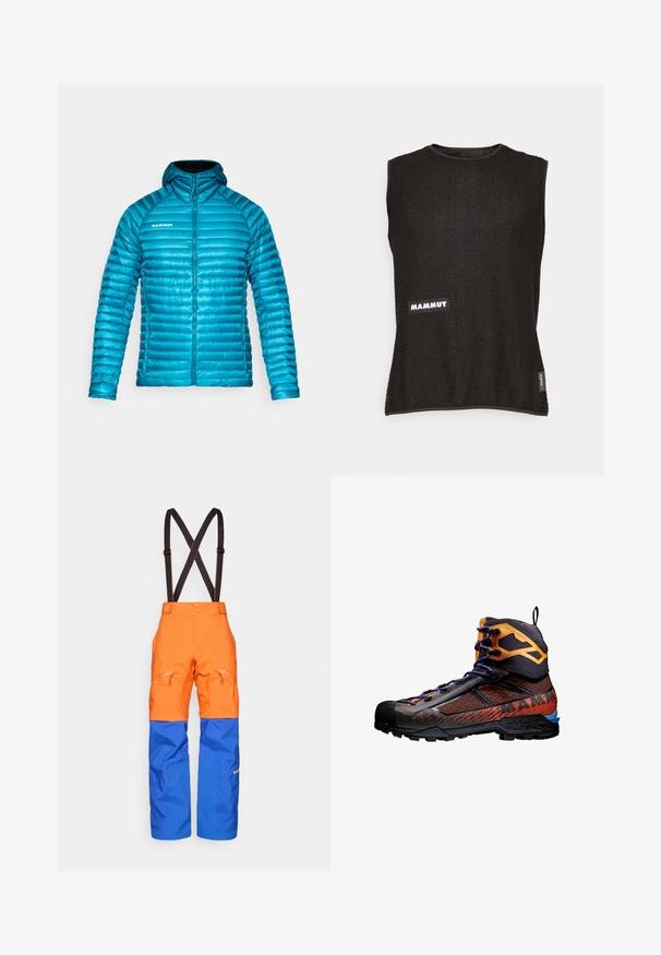 Blå isoleret jakke med hætte, prydet med vandret quiltet mønster, lynlås-lukning og logo på venstre bryst. Glat ydermateriale.; Ærmeløs sort top med tekstureret materiale, der har et hvidt "Mammut" logo og et lille rødt accentmærke på siden, rund halsudskæring.; Orange og blå vandtætte bukser med sorte justerbare seler, frontlomme med lynlås og forstærkede knæpaneler til udendørs aktiviteter.; Sort og orange vandrestøvle lavet af mesh og gummimaterialer. Har blå accenter, teksturerede mønstre og en høj ankeludformning for støtte.