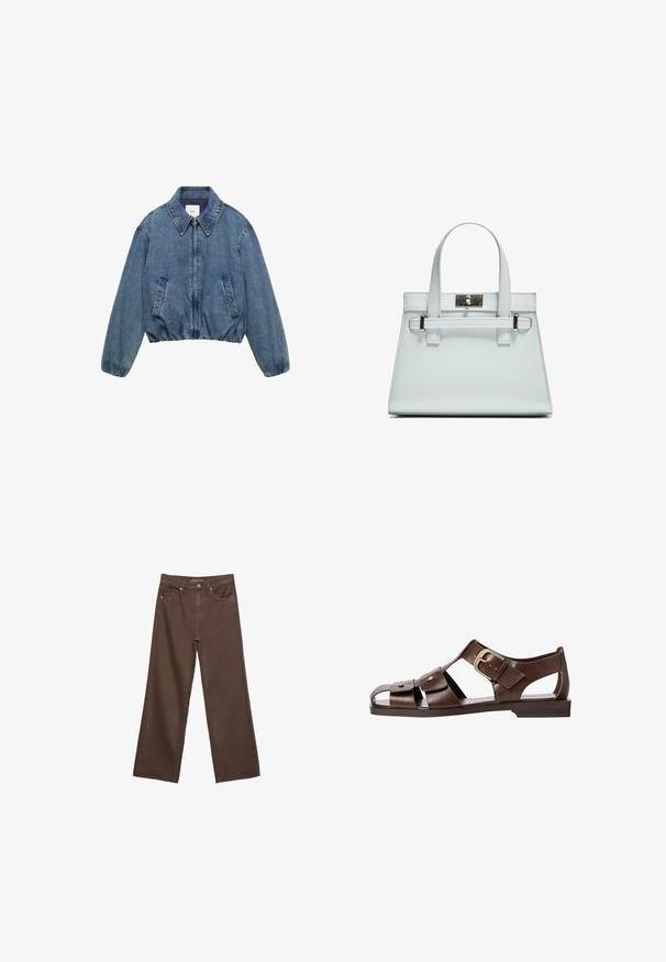 Mango Jakna iz džinsa - blue; Temno siva kratka majica s čolnasto izrezom. Narejena iz rebraste tkanine, ki ima sproščen kroj in čist rob. Preprost dizajn, brez vzorcev.; Široke rjave kavbojke iz denima, ki imajo visok pas, sprednje žepe in klasično zapiranje na gumb. Gladka tekstura s subtilnim šivom.; Rjave usnjene sandale z izrezljanim dizajnom, nastavljivim stranskim sponko in ravnim podplatom, dekorirane z kovinskimi detajli in odprtim prstom.; Svetlo modra torbica z oblikovano zasnovo, dvema ročkama in kljuko iz srebrno-toniranega materiala. Teksturni material in ostri koti.