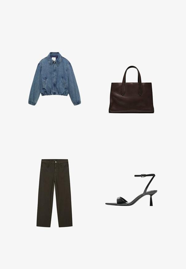 Mango Spijkerjas - blue; Bruine katoenen t-shirt, korte mouwen, ronde hals, relaxte pasvorm, gladde textuur, minimalistisch ontwerp, geen zichtbare patronen of accenten.; Donkergroene wijde jeans van een katoenmix, met een sluiting met een voorste knop, vijf zakken en klassieke denimstiksels.; Bershka Sandalen met hoge hak - black; Bruine leren tote bag met twee verlengde handvatten, gestructureerde rechthoekige vorm, gladde textuur en subtiele stiksels.