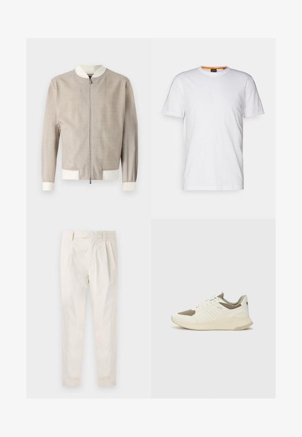 Jasno beżowa kurtka bomberka z teksturowanej tkaniny, białym kołnierzem i mankietami oraz zapięciem na suwak z przodu. Prosty, elegancki design.; Biała bawełniana koszulka z okrągłym dekoltem, krótkimi rękawami oraz subtelnie wytłoczonym logo na klatce piersiowej. Wewnętrzna metka ma pomarańczowy akcent.; Białe, plisowane spodnie o dopasowanym kroju, z gładką fakturą, szlufkami na pasek i zwężanymi nogawkami. Brak widocznych kieszeni lub wzorów.; Białe i jasnobeżowe sneakersy sportowe, z siateczkową cholewką, perforowanymi detalami oraz teksturowaną podeszwą śródstopia z brandingiem na pięcie.