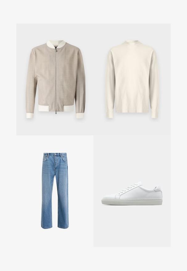 Veste bomber beige clair en tissu texturé, avec un col et des poignets blancs, et une fermeture éclair à l'avant. Design simple et épuré.; T-shirt à manches longues et col montant en coton crème clair. Texture lisse, coupe décontractée, design minimaliste, sans motifs ni accents visibles.; Jeans en denim bleu clair avec une coupe droite, cinq poches, fermeture à bouton, peu d'usure et des détails de couture contrastés.; Sneaker blanche avec une tige en cuir lisse et un profil bas. Présente un bout arrondi, six œillets et une semelle en caoutchouc texturé.