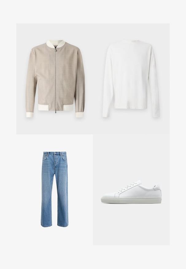 Casaco bomber bege claro com um tecido texturizado, colarinho e punhos brancos, e fecho frontal com zip. Design simples e elegante.; Camisa de algodão branca de mangas longas com decote redondo, fendas laterais na parte inferior e uma textura suave, mostrada de trás.; Calças de ganga azul claro com um design de perna reta, cinco bolsos, fecho de botão, desgaste mínimo e detalhes de costura em contraste.; Sapatilha branca com um cabedal em couro liso e de perfil baixo. Apresenta um bico redondo, seis ilhoses e uma sola de borracha texturizada.