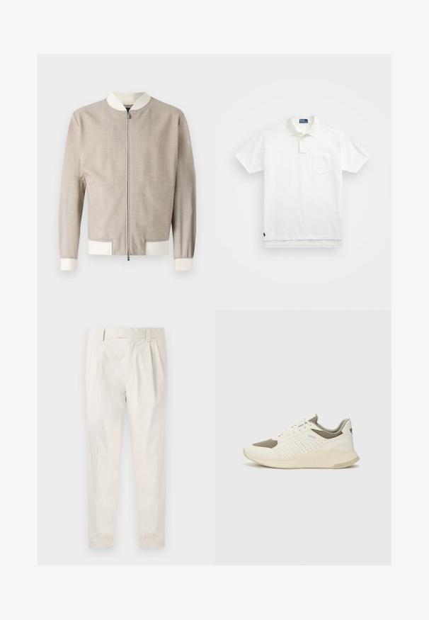Hellbeige Bomberjacke aus strukturiertem Stoff, mit weißem Kragen und Manschetten sowie einem Reißverschluss vorne. Schlichtes, geradliniges Design.; Weißes Poloshirt aus Baumwolle, mit klassischem Kragen, Drei-Knopf-Leiste und einer linken Brusttasche; kleines Logo am Saum.; Weiße, plissierte Hose mit taillierten Schnitt, die eine glatte Textur, Gürtelschlaufen und schmal zulaufende Beine aufweist. Keine sichtbaren Taschen oder Muster.; Weiße und hellbeige Sport Sneakers, ausgestattet mit einem Obermaterial aus Netzgewebe, perforierten Details und einer strukturierten Zwischensohle mit Branding an der Ferse.