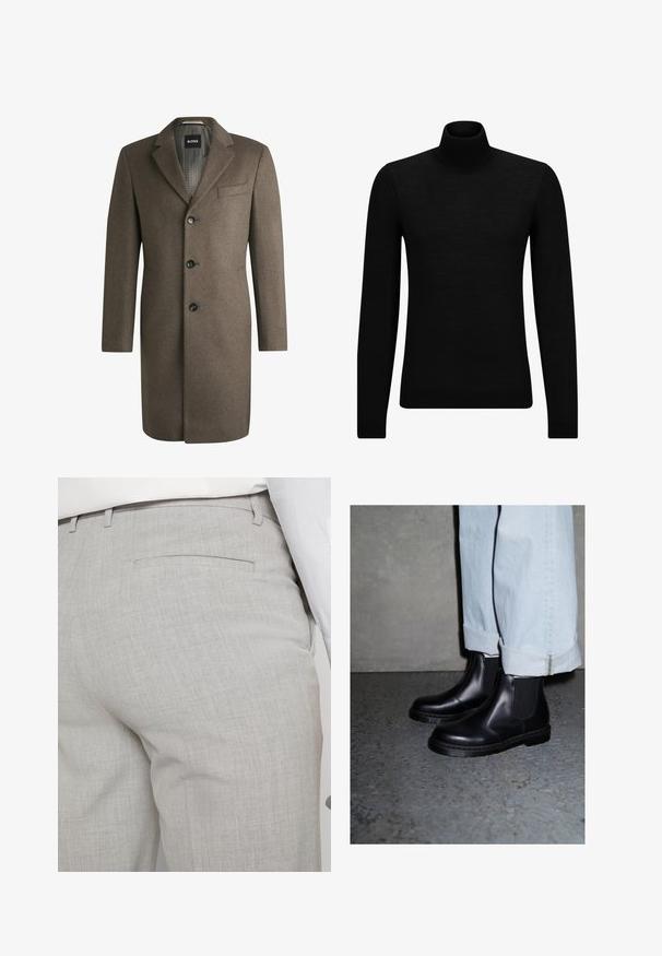 Cappotto in lana marrone con revers, a petto singolo e tre bottoni frontali. Presenta una tasca sul petto e una texture liscia.; Maglione a collo alto nero realizzato in materiale morbido, con maniche lunghe e vestibilità aderente. Bordo a coste all'orlo e ai polsini. Design semplice.; Pantaloni sartoriali grigio chiaro realizzati in tessuto strutturato, con una tasca posteriore singola e cuciture pulite.; Stivaletti Chelsea in pelle nera con pannelli laterali elasticizzati e suola in gomma testurizzata, abbinati a jeans in denim blu chiaro con risvolto.