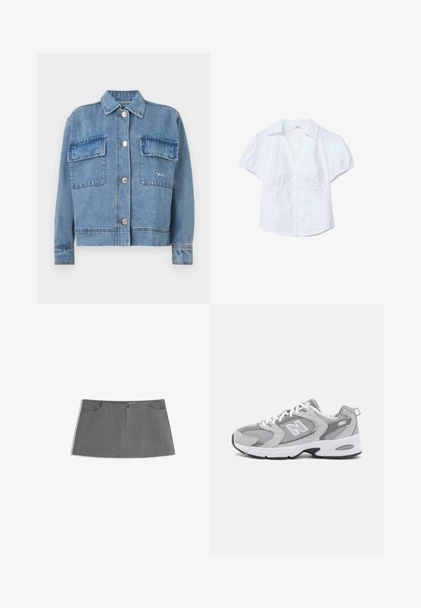 Denimjacka i ljusblått med klassisk krage, två frampocket, silverknappar och detaljer med orange sömnad. Har en boxig passform.; Vit kortärmad skjorta med en strukturerad krage, puffärmar och framknäppning. Har samlad tyg vid bysten.; Grå kjol med rak skärning, två framfickor, frontknäppning och ett subtilt texturmönster.; Grå sportskor med en överdel av mesh och mocka, vita snören och en svart sula. Har en framträdande "N"-logotyp och vadderad krage.
