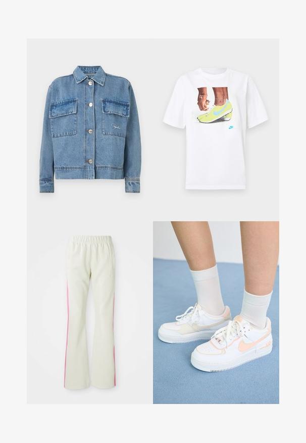 Hele sinine teksajakk klassikalise krae, kahe eespoole tasku, hõbedaste nööpide ja oranžide õmbluste aktsentidega. Omab kastjat lõike.; Valge puuvillane T-särk, millel on kollaste Nike jalatsite ja siniste aktsentidega jalgade graafika, kombineeritud vasakul randmel oleva käevõruga.; Heledad beežid püksid elastse vöökoha ja roosade külgmiste paneelidega, mis sisaldavad küljetaskuid. Sile tekstuur ja sirge lõige.; Valged tossud virsiku aktsentidega, siledast nahast ülemine osa, perforatsiooni mustri pool, tekstureeritud talla ja paeltega. Kantud valgete lühikeste sokkidega sinisel pinnal.