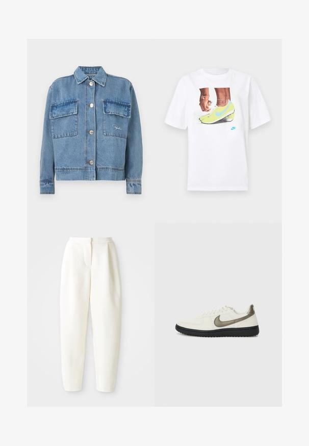 Vaalean sininen farkkutakki, jossa on klassinen kaulus, kaksi etutaskua, hopeiset napit ja oranssit ompeleet. Takissa on laatikkomainen malli.; Valkoinen puuvillainen t-paita, jossa on grafiikka keltaisista Nike-nilkkureista sinisillä yksityiskohdilla, yhdessä vasemman ranteen korun kanssa.; Valkoiset korkeavyötäröiset kapenevat housut, joissa on piilovetoketju edessä ja sivutaskut, esiteltynä yksinkertaista valkoista taustaa vasten.; Nike Sportswear FIELD GENERAL - Matalavartiset tennarit - off-white/black