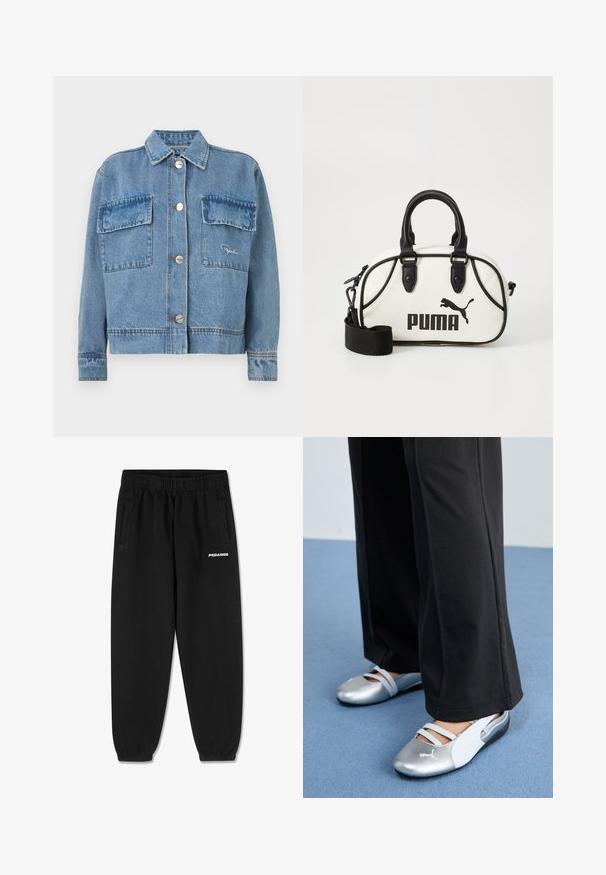 Jasnoniebieska dżinsowa kurtka z klasycznym kołnierzem, dwoma przednimi kieszeniami, srebrnymi guzikami i pomarańczowymi haftami. Posiada luźny krój.; Biała koszulka z krótkim rękawem i okrągłym dekoltem, wykonana z bawełny. Na piersi znajduje się czarny napis "PEGADOR". Prosty, pudełkowy krój.; Czarne dresy wykonane z miękkiego materiału, z elastyczną talią na sznurki, zwężanymi nogawkami i bocznymi kieszeniami. Logo „PEGADOR” w białym kolorze z przodu.; Srebrno-białe płaskie buty z krzyżującymi się paskami i fakturowanym wykończeniem, zestawione z luźnymi czarnymi spodniami. Na tle niebieskiej podłogi.; Biała torebka z czarnymi akcentami, z logo Puma. Krótkie, zaokrąglone uchwyty oraz odpinany pasek, wykonana z teksturowanego materiału syntetycznego.