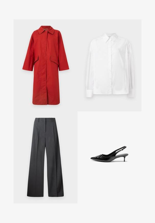 Barbour THE EDIT BY ALEXA - Trenčkot - scarlett; Bílá košile s dlouhým rukávem z hladké bavlněné směsi. Obsahuje klasický límec, přední zapínání na knoflíky a zaoblené manžety.; Široké kalhoty z tmavě šedé látky, s vysokým pasem, jedním skladem a hladkou texturou s čistým zakončením na lemech.; Černé kožené lodičky na slingback s špičatou špičkou, malým podpatkem typu kitten a ozdobným uzlem na přední straně. Hladký povrch po celém obvodu.