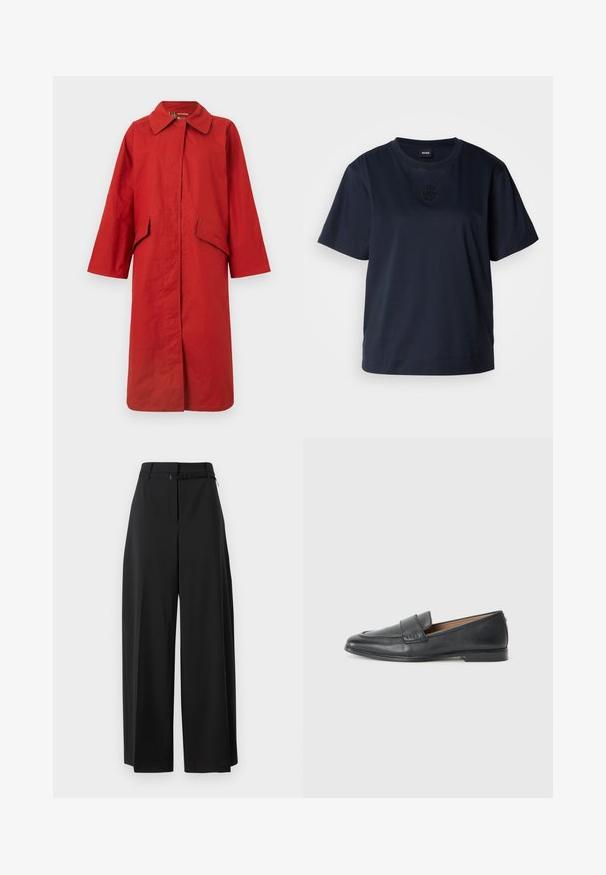 Barbour THE EDIT BY ALEXA fioletowy; Granatowa koszulka z krótkim rękawem wykonana z miękkiej bawełny. Posiada okrągły dekolt oraz subtelnie haftowane logo na piersi.; Czarne spodnie o szerokich nogawkach z wysokim stanem i paskiem. Charakteryzują się gładką teksturą i czystymi liniami, zaprojektowane z myślą o luźnym kroju.; Czarne skórzane mokasyny z gładką fakturą, delikatnym połyskiem, okrągłym noskiem i małym dekoracyjnym przeszyciem z przodu.