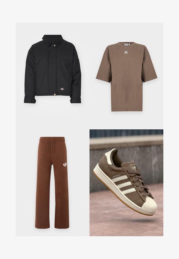 Dickies SEASONAL JACKET - Lengva striukė - black; Ruda medvilninė marškinėliai su trumpomis rankovėmis, apvaliu kaklu ir baltu Adidas logotipu, esančiu viduryje krūtinės, pasižymintys paprastu dizainu ir laisvu sijonu.; Rudos sportinės kelnės iš minkštos medžiagos, laisvo kirpimo, su elastingu juosmeniu, raišteliu ir baltu logotipu kairiajame šlaunyje.; Rudi suede sportbačiai su baltais dryžiais, kreminėmis detalėmis ir guminiu pirštu. Sukurti palaidų raištelių dizaino ir tekstūruotais guminiais padais.
