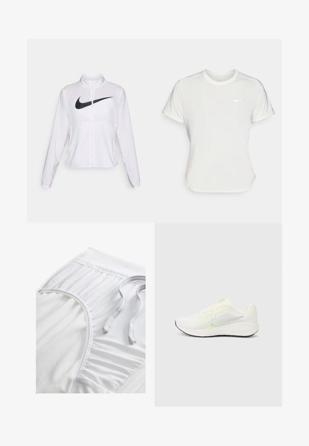 Giacca Nike bianca con maniche lunghe, colletto alto, chiusura con zip e un prominent logo swoosh nero sulla parte anteriore. Tessuto liscio e leggero.; T-shirt Nike bianco, maniche corte, scollatura rotonda, realizzata in un tessuto morbido e leggero. Presenta un logo discreto sul petto.; Pantaloni sportivi bianchi con una vita testurizzata, dettagli arricciati sui lati e un cordino piatto. Tessuto morbido con finitura liscia.; Nike Performance DOWNSHIFTER 13 - Scarpe da corsa su strada - sail/silver-coloured photon dust/summit white/barely volt/black