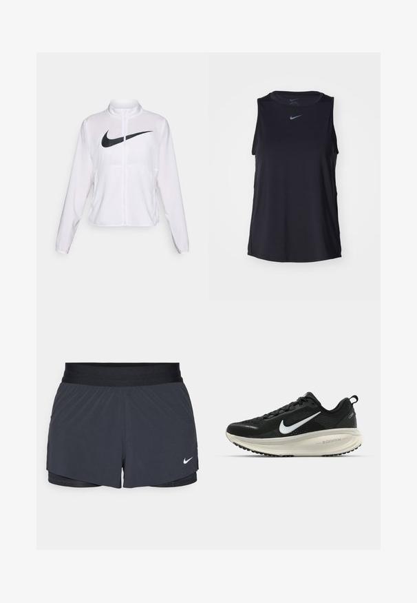Biela bunda Nike s dlhými rukávmi, vysokým golierom, zipsom a výrazným čiernym logom swoosh na prednej strane. Hladká, ľahká tkanina.; Čierny bezrukávový športový top Nike vyrobený z hladkej tkaniny, s okrúhlym výstrihom a malým logom na hrudi.; Čierne športové šortky s elastickým pásom, ktoré majú vrstvený dizajn a malú bielu aplikáciu loga Nike v dolnom ľavom rohu. Ľahký materiál.; Čierne bežecké topánky Nike s priedušnou sieťovinou, bielym logom s symbolom swoosh, textúrovanými detailmi a krémovou ZoomX medzipodrážkou.